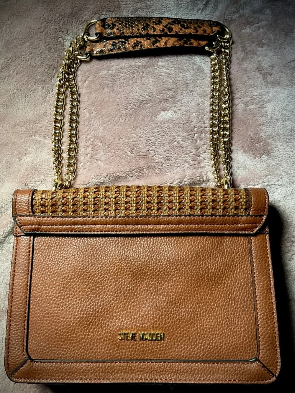 Steve Madden Throwback Turnkey Shoulder Chain Top Handle Pebble Faux Leather Tan
